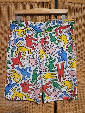 H&M X Keith Haring White Shorts with Multicolor Cartoon Print